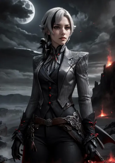 The Crimson Citadel: A towering fortress built into the side of a blood-red mountain. Lava flows down the mountainside, and ominous clouds shroud the citadel, giving it an imposing presence,<lora:BloodMagic:0.4>,bloodmagic,fantasy,magical energy,blood,<lora:arle:0.8>,1girl,solo,white hair,black hair,multicolored hair,x-shaped pupils,black eyes,arle_suit,elbow gloves,black claws,long ponytail, AS-AdultV2,cowboyshot,dynamic angle,(fantasy style:1.2),(high quality:1.3),(best quality:1.3),(masterpiece:1.3),official art,official wallpaper,4k textures,(epic:1.2),(mysterious atmosphere:1.2),moonlight setting,midnight sky,(twilight:1.2),subtle sparkles,whimsical vibes,(detailed:1.05),(extremely detailed:1.06),sharp focus,(intricate:1.03),(extremely intricate:1.04),low contrast,soft cinematic light,soothing tones,hdr,(beautiful scenery:1.08),(detailed scenery:1.08),(intricate scenery:1.07),(wonderful scenery:1.05),(beautiful face:1.1),[perfect eyes:0.8],[perfect skin:0.8],[detailed face:0.8],[detailed eyes:0.8],[detailed hair:0.9],[detailed lips:0.8]