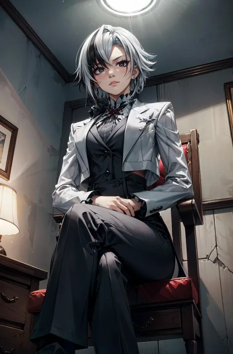 1girl, <lora:arle:0.8> 1girl, solo, white hair, black hair, multicolored hair, x-shaped pupils, black eyes,formal black pants,sit,sit on throne,crossed legs,superior look,dominant,from below,serious face,expresionless,calm face,room,dark room,light from above,spotlight,looking at viewer,masterpiece,extremely detailed CG unity 8k wallpaper, best quality,32k,focus sharp,