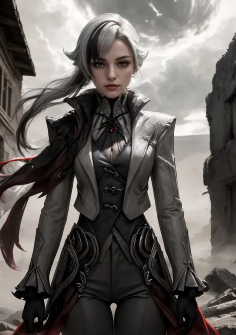 The Shadowed Ruins: A desolate, haunted landscape scattered with crumbling, ancient ruins. Eerie mist shrouds the area, and ghostly apparitions wander the decaying structures,<lora:BloodMagic:0.4>,bloodmagic,fantasy,magical energy,blood,<lora:arle:0.8>,1girl,solo,white hair,black hair,multicolored hair,x-shaped pupils,black eyes,arle_suit,long ponytail, AS-AdultV2,cowboyshot,dynamic angle,(fantasy style:1.2),(high quality:1.3),(best quality:1.3),(masterpiece:1.3),official art,official wallpaper,4k textures,(epic:1.2),(mysterious atmosphere:1.2),moonlight setting,midnight sky,(twilight:1.2),subtle sparkles,whimsical vibes,(detailed:1.05),(extremely detailed:1.06),sharp focus,(intricate:1.03),(extremely intricate:1.04),low contrast,soft cinematic light,soothing tones,hdr,(beautiful scenery:1.08),(detailed scenery:1.08),(intricate scenery:1.07),(wonderful scenery:1.05),(beautiful face:1.1),[perfect eyes:0.8],[perfect skin:0.8],[detailed face:0.8],[detailed eyes:0.8],[detailed hair:0.9],[detailed lips:0.8]