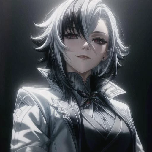 8k, hd, masterpiece, 1girl, solo, white hair, black hair, multicolored hair, x-shaped pupils, black eyes, black hair, solo, short hair, evil smile, from below, <lora:arle:0.8> <lora:add_detail:1>