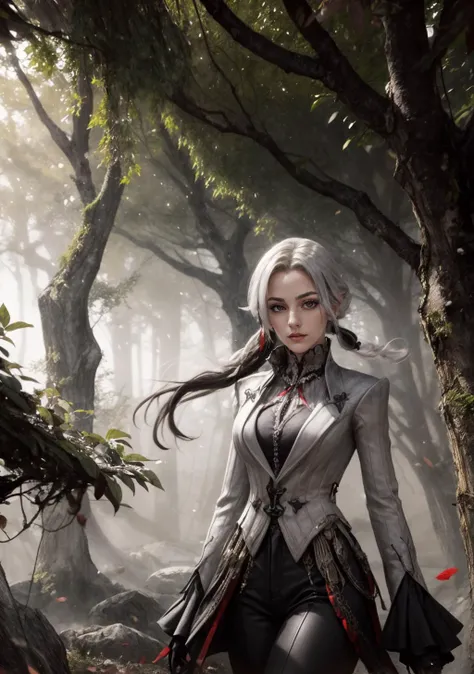 The Emerald Canopy: A vast, ancient forest with towering trees covered in vibrant emerald leaves. Shimmering light filters through the dense foliage, creating a mystical, serene atmosphere,<lora:BloodMagic:0.4>,bloodmagic,fantasy,magical energy,blood,<lora:arle:0.8>,1girl,solo,white hair,black hair,multicolored hair,x-shaped pupils,black eyes,arle_suit,long ponytail, AS-AdultV2,cowboyshot,dynamic angle,(fantasy style:1.2),(high quality:1.3),(best quality:1.3),(masterpiece:1.3),official art,official wallpaper,4k textures,(epic:1.2),(mysterious atmosphere:1.2),moonlight setting,midnight sky,(twilight:1.2),subtle sparkles,whimsical vibes,(detailed:1.05),(extremely detailed:1.06),sharp focus,(intricate:1.03),(extremely intricate:1.04),low contrast,soft cinematic light,soothing tones,hdr,(beautiful scenery:1.08),(detailed scenery:1.08),(intricate scenery:1.07),(wonderful scenery:1.05),(beautiful face:1.1),[perfect eyes:0.8],[perfect skin:0.8],[detailed face:0.8],[detailed eyes:0.8],[detailed hair:0.9],[detailed lips:0.8]