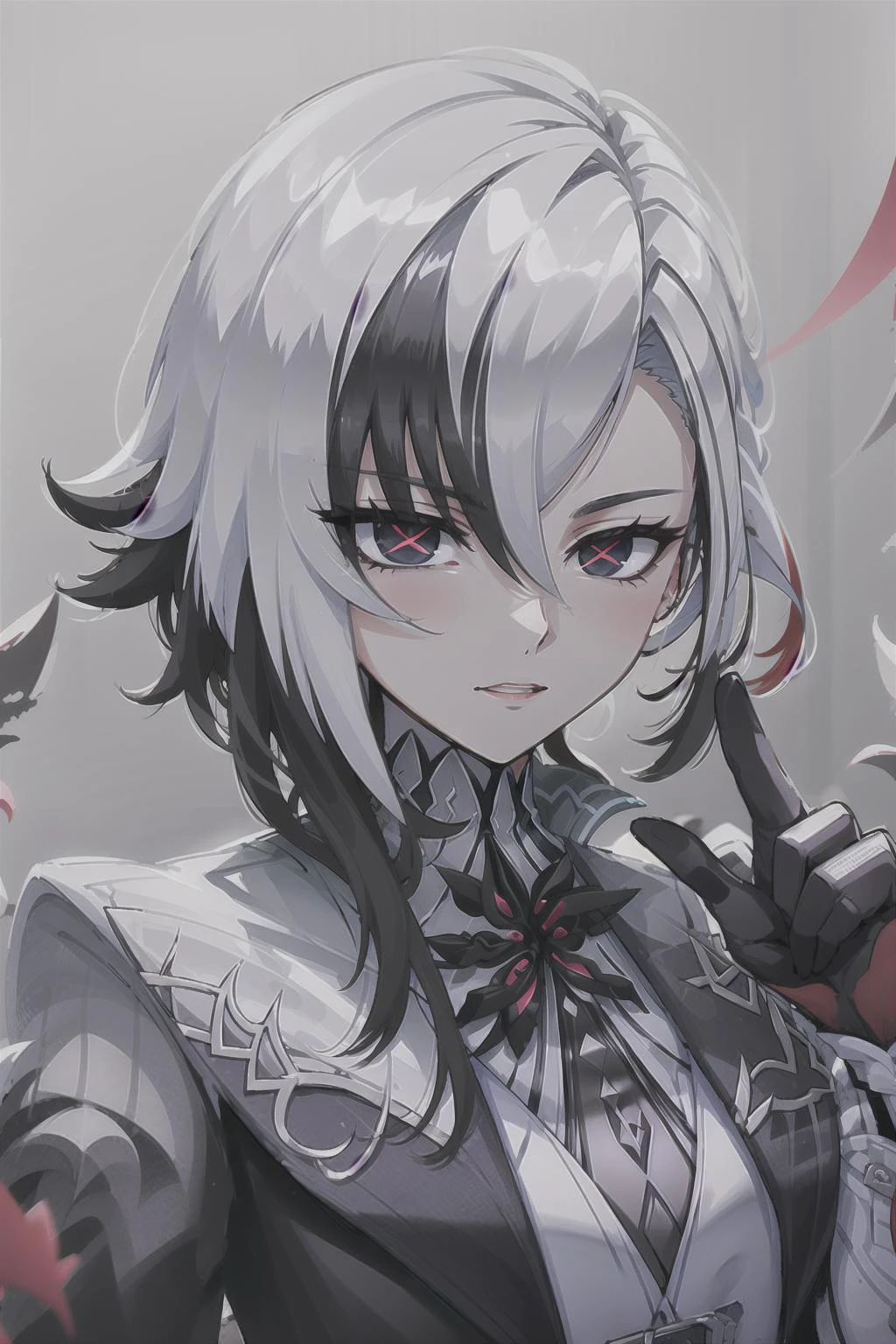 1girl, solo, white hair, black hair, multicolored hair, black eyes, x-shaped pupils, <lora:arle:1> , white arle_suit , face focused