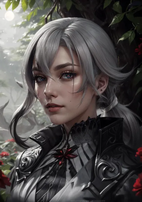 The Emerald Canopy: A vast, ancient forest with towering trees covered in vibrant emerald leaves. Shimmering light filters through the dense foliage, creating a mystical, serene atmosphere,<lora:BloodMagic:0.4>,bloodmagic,fantasy,magical energy,blood,<lora:arle:0.8>,1girl,solo,white hair,black hair,multicolored hair,x-shaped pupils,black eyes,arle_suit,long ponytail, AS-AdultV2,cowboyshot,dynamic angle,(fantasy style:1.2),(high quality:1.3),(best quality:1.3),(masterpiece:1.3),official art,official wallpaper,4k textures,(epic:1.2),(mysterious atmosphere:1.2),moonlight setting,midnight sky,(twilight:1.2),subtle sparkles,whimsical vibes,(detailed:1.05),(extremely detailed:1.06),sharp focus,(intricate:1.03),(extremely intricate:1.04),low contrast,soft cinematic light,soothing tones,hdr,(beautiful scenery:1.08),(detailed scenery:1.08),(intricate scenery:1.07),(wonderful scenery:1.05),(beautiful face:1.1),[perfect eyes:0.8],[perfect skin:0.8],[detailed face:0.8],[detailed eyes:0.8],[detailed hair:0.9],[detailed lips:0.8]