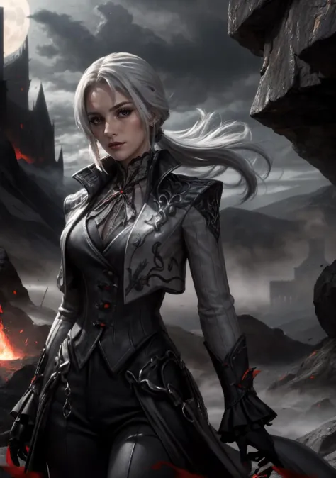 The Crimson Citadel: A towering fortress built into the side of a blood-red mountain. Lava flows down the mountainside, and ominous clouds shroud the citadel, giving it an imposing presence,<lora:BloodMagic:0.4>,bloodmagic,fantasy,magical energy,blood,<lora:arle:0.8>,1girl,solo,white hair,black hair,multicolored hair,x-shaped pupils,black eyes,arle_suit,long ponytail, AS-AdultV2,cowboyshot,dynamic angle,(fantasy style:1.2),(high quality:1.3),(best quality:1.3),(masterpiece:1.3),official art,official wallpaper,4k textures,(epic:1.2),(mysterious atmosphere:1.2),moonlight setting,midnight sky,(twilight:1.2),subtle sparkles,whimsical vibes,(detailed:1.05),(extremely detailed:1.06),sharp focus,(intricate:1.03),(extremely intricate:1.04),low contrast,soft cinematic light,soothing tones,hdr,(beautiful scenery:1.08),(detailed scenery:1.08),(intricate scenery:1.07),(wonderful scenery:1.05),(beautiful face:1.1),[perfect eyes:0.8],[perfect skin:0.8],[detailed face:0.8],[detailed eyes:0.8],[detailed hair:0.9],[detailed lips:0.8]
