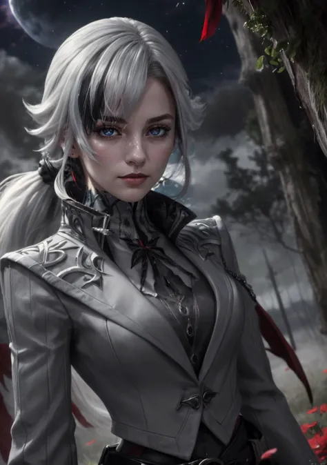 The Astral Observatory: An otherworldly observatory atop a floating island where scholars and celestial beings study the mysteries of the stars, with portals to distant realms,<lora:BloodMagic:0.4>,bloodmagic,fantasy,magical energy,blood,<lora:arle:0.8>,1girl,solo,white hair,black hair,multicolored hair,x-shaped pupils,black eyes,arle_suit,long ponytail, AS-AdultV2,cowboyshot,dynamic angle,(fantasy style:1.2),(high quality:1.3),(best quality:1.3),(masterpiece:1.3),official art,official wallpaper,4k textures,(epic:1.2),(mysterious atmosphere:1.2),moonlight setting,midnight sky,(twilight:1.2),subtle sparkles,whimsical vibes,(detailed:1.05),(extremely detailed:1.06),sharp focus,(intricate:1.03),(extremely intricate:1.04),low contrast,soft cinematic light,soothing tones,hdr,(beautiful scenery:1.08),(detailed scenery:1.08),(intricate scenery:1.07),(wonderful scenery:1.05),(beautiful face:1.1),[perfect eyes:0.8],[perfect skin:0.8],[detailed face:0.8],[detailed eyes:0.8],[detailed hair:0.9],[detailed lips:0.8]