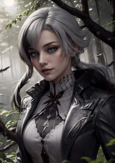 The Emerald Canopy: A vast, ancient forest with towering trees covered in vibrant emerald leaves. Shimmering light filters through the dense foliage, creating a mystical, serene atmosphere,<lora:BloodMagic:0.4>,bloodmagic,fantasy,magical energy,blood,<lora:arle:0.8>,1girl,solo,white hair,black hair,multicolored hair,x-shaped pupils,black eyes,arle_suit,long ponytail, AS-AdultV2,cowboyshot,dynamic angle,(fantasy style:1.2),(high quality:1.3),(best quality:1.3),(masterpiece:1.3),official art,official wallpaper,4k textures,(epic:1.2),(mysterious atmosphere:1.2),moonlight setting,midnight sky,(twilight:1.2),subtle sparkles,whimsical vibes,(detailed:1.05),(extremely detailed:1.06),sharp focus,(intricate:1.03),(extremely intricate:1.04),low contrast,soft cinematic light,soothing tones,hdr,(beautiful scenery:1.08),(detailed scenery:1.08),(intricate scenery:1.07),(wonderful scenery:1.05),(beautiful face:1.1),[perfect eyes:0.8],[perfect skin:0.8],[detailed face:0.8],[detailed eyes:0.8],[detailed hair:0.9],[detailed lips:0.8]