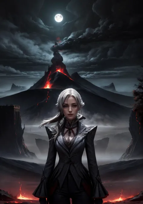 The Crimson Citadel: A towering fortress built into the side of a blood-red mountain. Lava flows down the mountainside, and ominous clouds shroud the citadel, giving it an imposing presence,<lora:BloodMagic:0.4>,bloodmagic,fantasy,magical energy,blood,<lora:arle:0.8>,1girl,solo,white hair,black hair,multicolored hair,x-shaped pupils,black eyes,arle_suit,long ponytail, AS-AdultV2,cowboyshot,dynamic angle,(fantasy style:1.2),(high quality:1.3),(best quality:1.3),(masterpiece:1.3),official art,official wallpaper,4k textures,(epic:1.2),(mysterious atmosphere:1.2),moonlight setting,midnight sky,(twilight:1.2),subtle sparkles,whimsical vibes,(detailed:1.05),(extremely detailed:1.06),sharp focus,(intricate:1.03),(extremely intricate:1.04),low contrast,soft cinematic light,soothing tones,hdr,(beautiful scenery:1.08),(detailed scenery:1.08),(intricate scenery:1.07),(wonderful scenery:1.05),(beautiful face:1.1),[perfect eyes:0.8],[perfect skin:0.8],[detailed face:0.8],[detailed eyes:0.8],[detailed hair:0.9],[detailed lips:0.8]