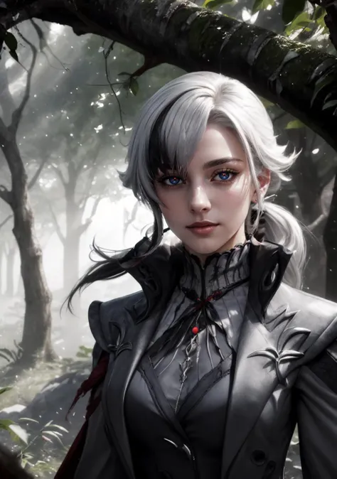 The Emerald Canopy: A vast, ancient forest with towering trees covered in vibrant emerald leaves. Shimmering light filters through the dense foliage, creating a mystical, serene atmosphere,<lora:BloodMagic:0.4>,bloodmagic,fantasy,magical energy,blood,<lora:arle:0.8>,1girl,solo,white hair,black hair,multicolored hair,x-shaped pupils,black eyes,arle_suit,long ponytail, AS-AdultV2,cowboyshot,dynamic angle,(fantasy style:1.2),(high quality:1.3),(best quality:1.3),(masterpiece:1.3),official art,official wallpaper,4k textures,(epic:1.2),(mysterious atmosphere:1.2),moonlight setting,midnight sky,(twilight:1.2),subtle sparkles,whimsical vibes,(detailed:1.05),(extremely detailed:1.06),sharp focus,(intricate:1.03),(extremely intricate:1.04),low contrast,soft cinematic light,soothing tones,hdr,(beautiful scenery:1.08),(detailed scenery:1.08),(intricate scenery:1.07),(wonderful scenery:1.05),(beautiful face:1.1),[perfect eyes:0.8],[perfect skin:0.8],[detailed face:0.8],[detailed eyes:0.8],[detailed hair:0.9],[detailed lips:0.8]