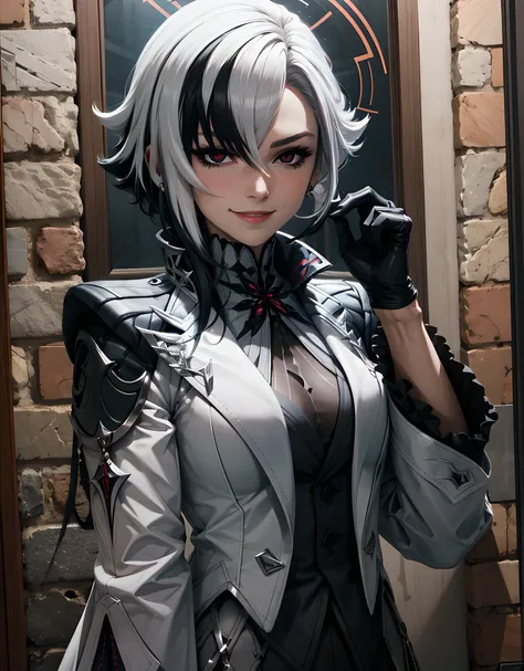 1girl, solo, white hair, black hair, multicolored hair, black eyes, x-shaped pupils, gloves, arle_suit, upper body, seductive smile <lora:arle:0.8>