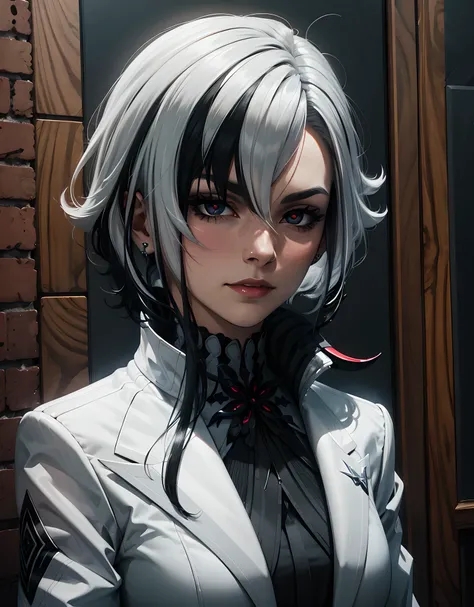 1girl, solo, white hair, black hair, multicolored hair, black eyes, x-shaped pupils, white arle_suit, upper body, face focused <lora:arle:0.7>