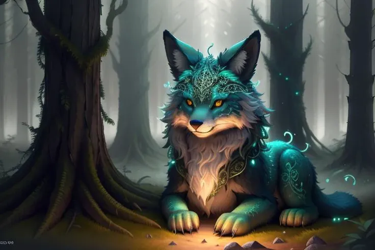 photo of a creature, monster, <lora:magic-fantasy-forest-v2:0.35>, magic-fantasy-forest, digital art, most amazing artwork in the world, ((no humans)),volumetric light, soft balanced colours, forest scenery, vines, uhd, 8k octane render, magical, amazing, ethereal, intricate, intricate design, ultra sharp, shadows, cooler colors, trending on cgsociety, glowing eyes, ((best quality)), ((masterpiece)), (detailed), fox with white hair