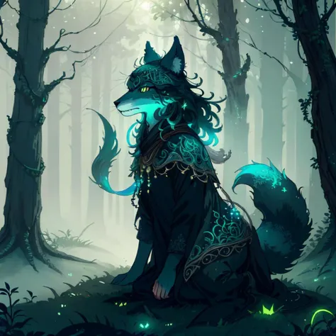 photo of a creature, monster,, magic-fantasy-forest, digital art, most amazing artwork in the world, ((no humans)),volumetric light, soft balanced colours, forest scenery, vines, uhd, 8k octane render, magical, amazing, ethereal, intricate, intricate design, ultra sharp, shadows, cooler colors, trending on cgsociety, glowing eyes, ((best quality)), ((masterpiece)), (detailed), wolf with bluehair, (Artgerm inspired:1.2) simple background, grey background, <lora:magic-fantasy-forest-v2:0.7>