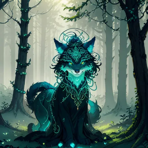 photo of a creature, monster,, magic-fantasy-forest, digital art, most amazing artwork in the world, ((no humans)),volumetric light, soft balanced colours, forest scenery, vines, uhd, 8k octane render, magical, amazing, ethereal, intricate, intricate design, ultra sharp, shadows, cooler colors, trending on cgsociety, glowing eyes, ((best quality)), ((masterpiece)), (detailed), wolf with bluehair, (Artgerm inspired:1.2) simple background, grey background,  <lora:magic-fantasy-forest-v2:0.7>