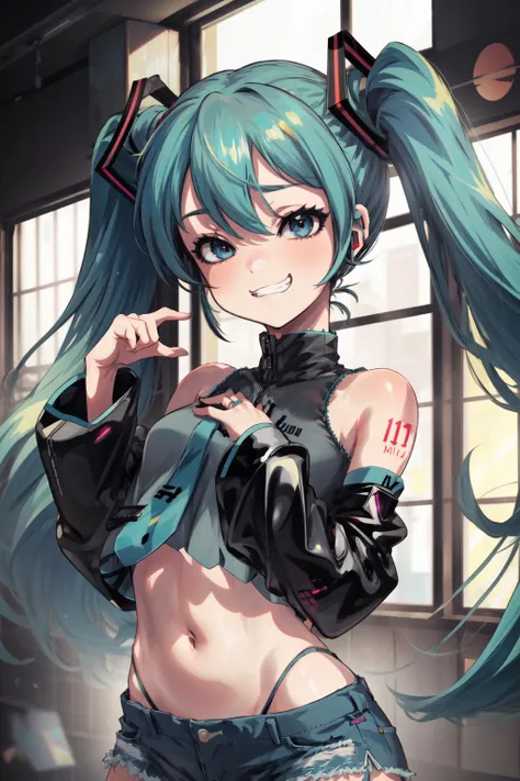 masterpiece,best quality,1girl,hatsune miku,(half-closed eyes:0.7),(sphpose),:3,grin,crop top,denim shorts,upper body,<lora:SmallDickGesture>,<lora:MESUGAKI_TEST2:0.8>,
