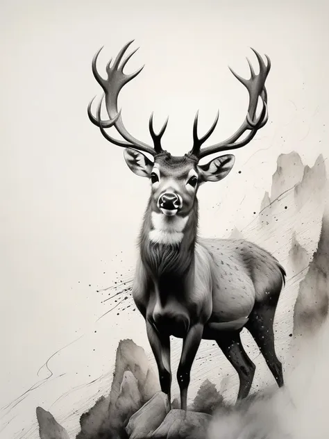 Fresh and creative strokes,Black and white posters, pen drawings, minimalism, master works. A sika deer, between the mountains and rivers, a strong contrast between black and white, ink splashing.