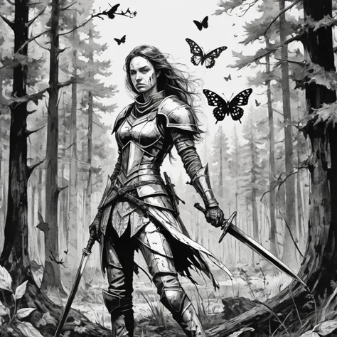 Fresh and creative pen strokes,Black and white style. Clear lines. (monochrome:0.7),cowboy shot, a woman in broken and dirty armor holding a sword in a forest with a butterfly flying by her side, with a forest background,(Defeated knight, torn armor, tattered closed and a portrait), fantasy character, ink jet, pen drawing, line arrangement.