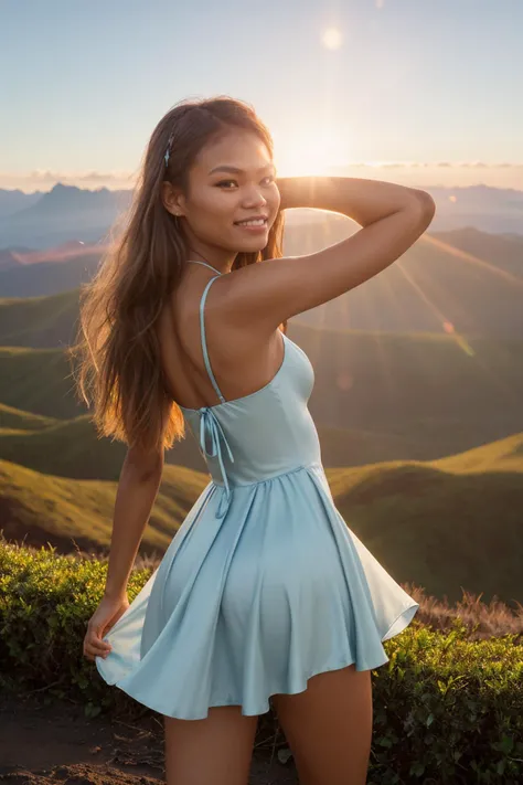 (Art Photography, Award Winning) 21yo DV_Aloha_Vicious is wearing (a light blue satin dress:1.3) a hair flower at Haleakala National Park Hawaii (Steve McCurry, 35mm, F/2.8), (Photo Focus, DOF, Aperture, insanely detailed and intricate, character, hypermaximalist,  beautiful,  revealing, appealing, attractive, amative, hyper realistic, super detailed)(DOF, blurry background, sunset in the back of the character)(Lens Flare, Heresy flare:1.3) (skinny body, fit body, slim, abs) (hairs is flowing in the wind) smiling,