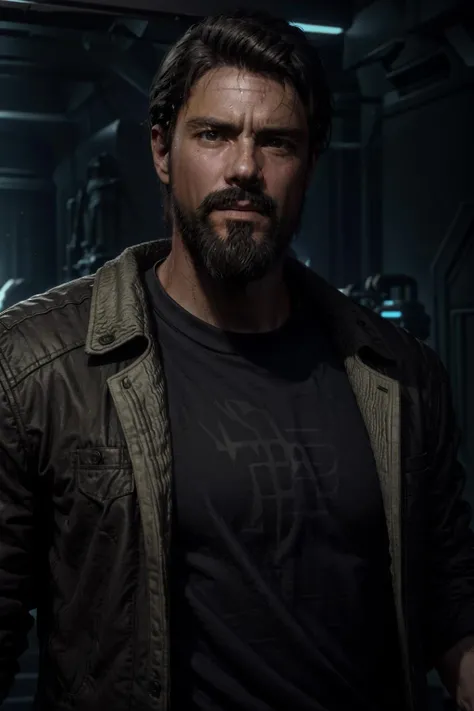 CallistoJacob, 1boy, facial hair, male focus, beard, solo, black hair, jacket, realistic, shirt, black shirt, upper body, science fiction, short hair
masterpiece, best quality,
<lora:add_detail:0.7>,<lora:epi_noiseoffset2:1>, <lora:CallistoJacob:0.7>