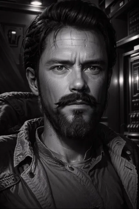 CallistoJacob, 1boy, male focus, facial hair, solo, monochrome, greyscale, beard, realistic, portrait, looking at viewer, mustache, jacket, black hair, closed mouth
masterpiece, best quality,
<lora:add_detail:0.7>,<lora:epi_noiseoffset2:1>, <lora:CallistoJacob:0.7>