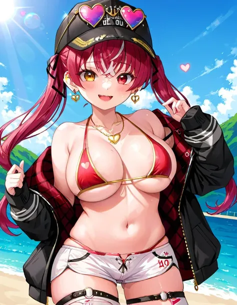 <lora:Houshou_Marine:.8> houshou marine, solo, heterochromia, heart, jewelry, jacket, hat, twintails, large breasts, bikini, earrings, eyewear on headwear, fang, open mouth, skin fang, long hair, shorts, necklace, cleavage, smile, red bikini, heart earrings, looking at viewer, heart necklace, multicolored hair, baseball cap, black jacket, ribbon, hand in pocket, hair ribbon, official alternate costume, navel, sunglasses, gradient hair, partially unzipped, blush, heart-shaped eyewear, white shorts, thigh strap, long sleeves