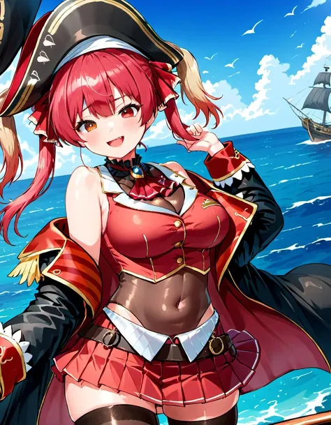 <lora:Houshou_Marine:.8> houshou marine, solo, heterochromia, pirate hat, twintails, skirt, black thighhighs, large breasts, blush, smile, looking at viewer, open mouth, covered navel, long hair, red pleated skirt, pirate ship at sea, red ascot, off shoulder, see-through leotard, black coat, bare shoulders, black headwear, bicorne, thighs, see-through, miniskirt, ribbon, jacket, pirate, belt, :d, hair ribbon