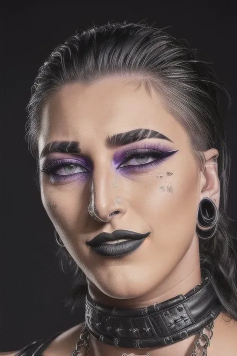 <lyco:Rhea:1.4>,A dramatic black and white portrait of Rhea Ripley, WWE Superstar, shot in a close-up. Rhea is captured in a dynamic pose, looking off-camera with a fierce expression. The lighting is hard and dramatic, casting deep shadows and accentuating Rhea's strong features. She is wearing her signature studded leather jacket and has her hair styled in a half-shaved, half-braided look with a pop of vibrant color. The photo should have a gritty and edgy feel, with a touch of rock and roll attitude. The image should capture the intensity and raw power that Rhea brings to the wrestling ring. --ar 4:5 --s 750 --v 5 --c 3.
