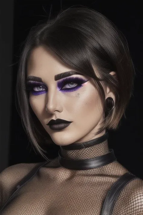 close up portrait RAW photo of a woman,<lyco:Rhea:1.4>,masculine,two-tone mesh long-sleeve,leather shorts,fishnet tights,dark appearance, dark makeup, short, partially shaved hairstyle,white eyeball, ,perfecteyes eyes,<lora:lora_perfecteyes_v1_from_v1_160:.4>