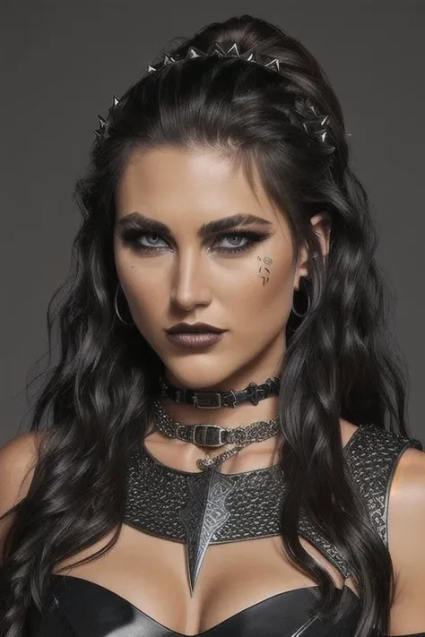 <lyco:Rhea:1.4>, fierce appearance,long, dark wild hair, Viking-inspired ornaments,eather, studded, and chainmail armor