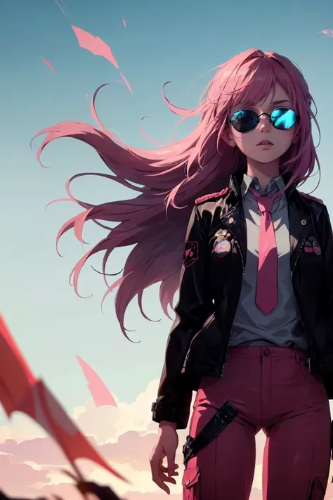 (best quality, ultra detailed), 1girl, solo, cowboy shot, turn one's face away, looking away, gap, leather jacket, pink badge, pink tripp_pants, pink necktie, sunglasses, long hair, wind, sky, <lora:right side position:1.0>,