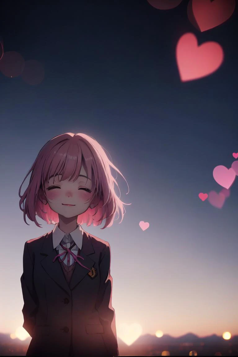 (best quality, ultra detailed), 1girl, solo, from above, cowboy shot, (gap:1.2), lside, <lora:left side position:1.4>, winter school uniform, smile, happy, shy, closed mouth, closed eyes, (turn one's face down, looking down:1.2), arms behind back, (pink heart:1.2), sky, at evening, (wind:0.8), background bokeh, cinematic lighting, shallow depth of field,