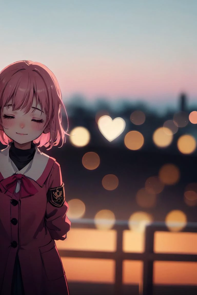 (best quality, ultra detailed), 1girl, solo, from above, cowboy shot, (gap:1.2), lside, <lora:left side position:1.4>, winter school uniform, smile, happy, shy, closed mouth, closed eyes, (turn one's face down, looking down:1.2), arms behind back, (pink heart:1.2), sky, at evening, (wind:0.8), background bokeh, cinematic lighting, shallow depth of field,