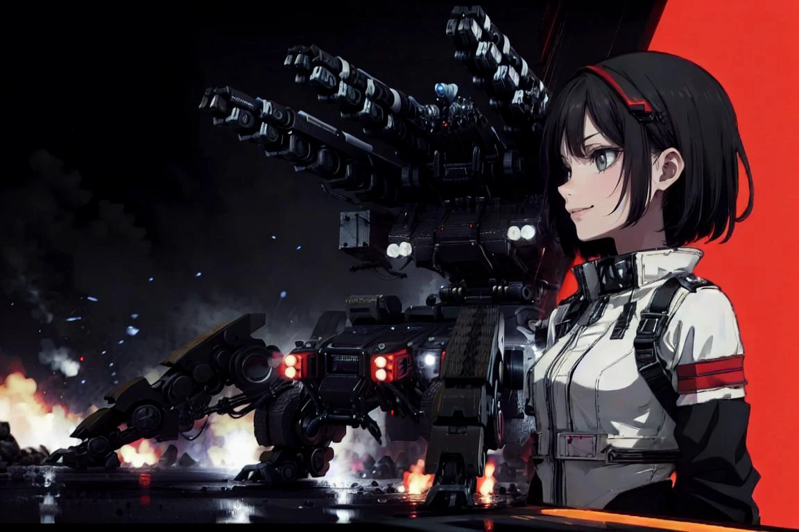 (best quality, ultra detailed) ADDCOMM scifi, future, motion blur, tracking shot, drive, light trails, mecha \\\(flegs\\\), <lora:quadruped mechasV2:0.8>, non-humanoid robot, mecha, firing, <lora:leco_spider_tank_v20:0.8>, afterburner ADDCOL (split-screen, split-line:1.4), (1girl:1.1), cropped upper body, from side, cockpit, body suit, smirk, cockpit, <lora:right side position:1>, red background,