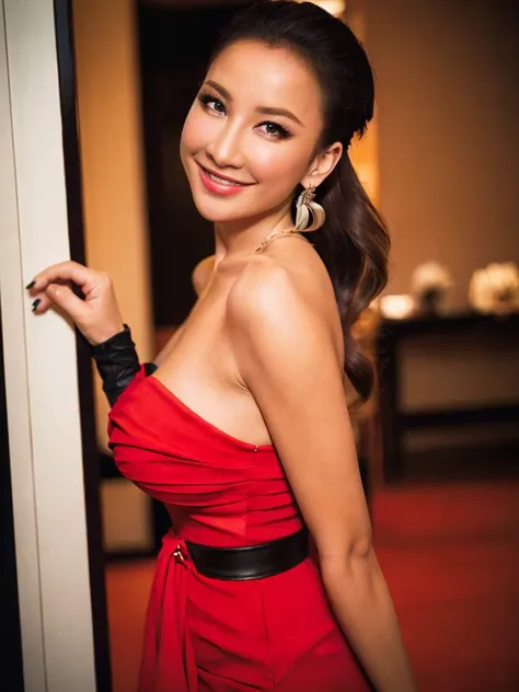 1girl, solo, dress, black hair, ponytail, red dress, smile, earrings, simple background, jewelry, looking at viewer, black eyes, makeup, ulzzang-6500v1.1, (original: 1.2), (realistic: 1.3) , beautiful girl with beautiful details, extremely detailed eyes and face, eyes with beautiful details, absurd, incredibly absurd, huge file size, ultra detail, high resolution, ultra detailed, best quality, masterpiece, illustration, ultra detailed and beautiful, ultra detailed, CG, unity, 8k wallpaper, amazing, fine Detail, masterpiece, top quality, official art, extremely detailed CG unity 8k wallpaper, cinematic lighting, (perfect shiny skin:0.6), slim and smooth lines, (floating), <lora:coco-chilloutmix:0.8>