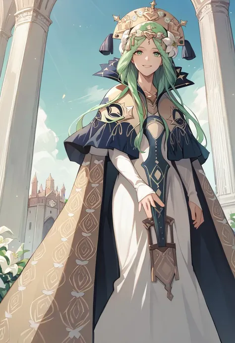 score_9, score_8_up, score_7_up, source_anime, 1girl, smile, <lora:rhea-pdxl-nvwls-v1:1> defrhea, green hair, gold headdress, hair flower, blue cape, gold-trimmed cape, white dress, tabard, long dress, white sleeves, outdoors, cathedral, sky