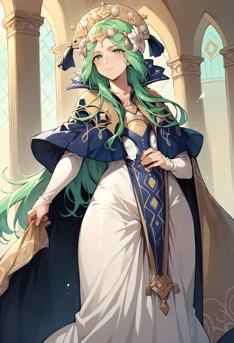 score_9, score_8_up, score_7_up, source_anime, <lora:rhea-pdxl-nvwls-v1:1> defrhea, green hair, gold headdress, hair flower, blue cape, gold-trimmed cape, white dress, tabard, long dress, skintight clothes, white sleeves,