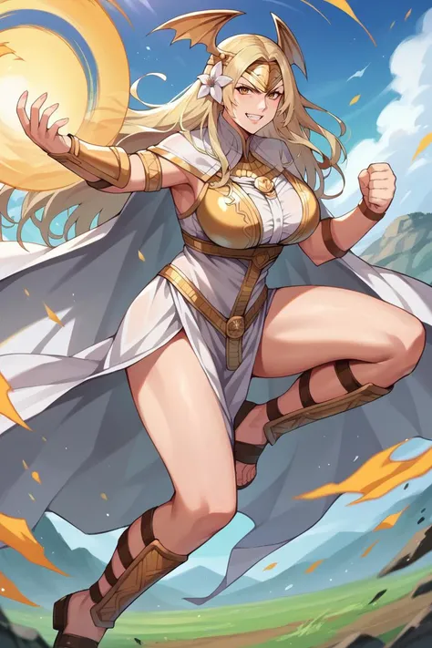 extremely long hair, ponytail, perfect anatomy 1 girl tall solo, slim thick, ((muscular)) high elf toned body, golden breast plate, golden cape, slender abs, hourglass waist, detailed face, defined cheekbones, puffy lips, goldengauntlets, gold crown, shadow over eyes, looking at viewer, masterpiece, white thigh highs lingerie, lustful smirking smile face red blushed red cheeks, 2 high heels feet together
