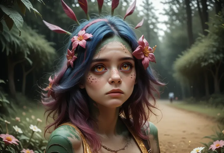 score_9, score_8_up, score_7_up,
<lora:Neeko-potat-v5:1>, n33ko,colored skin,green skin,hair ornament,hair flower,multicolored hair,lizard tail, forest