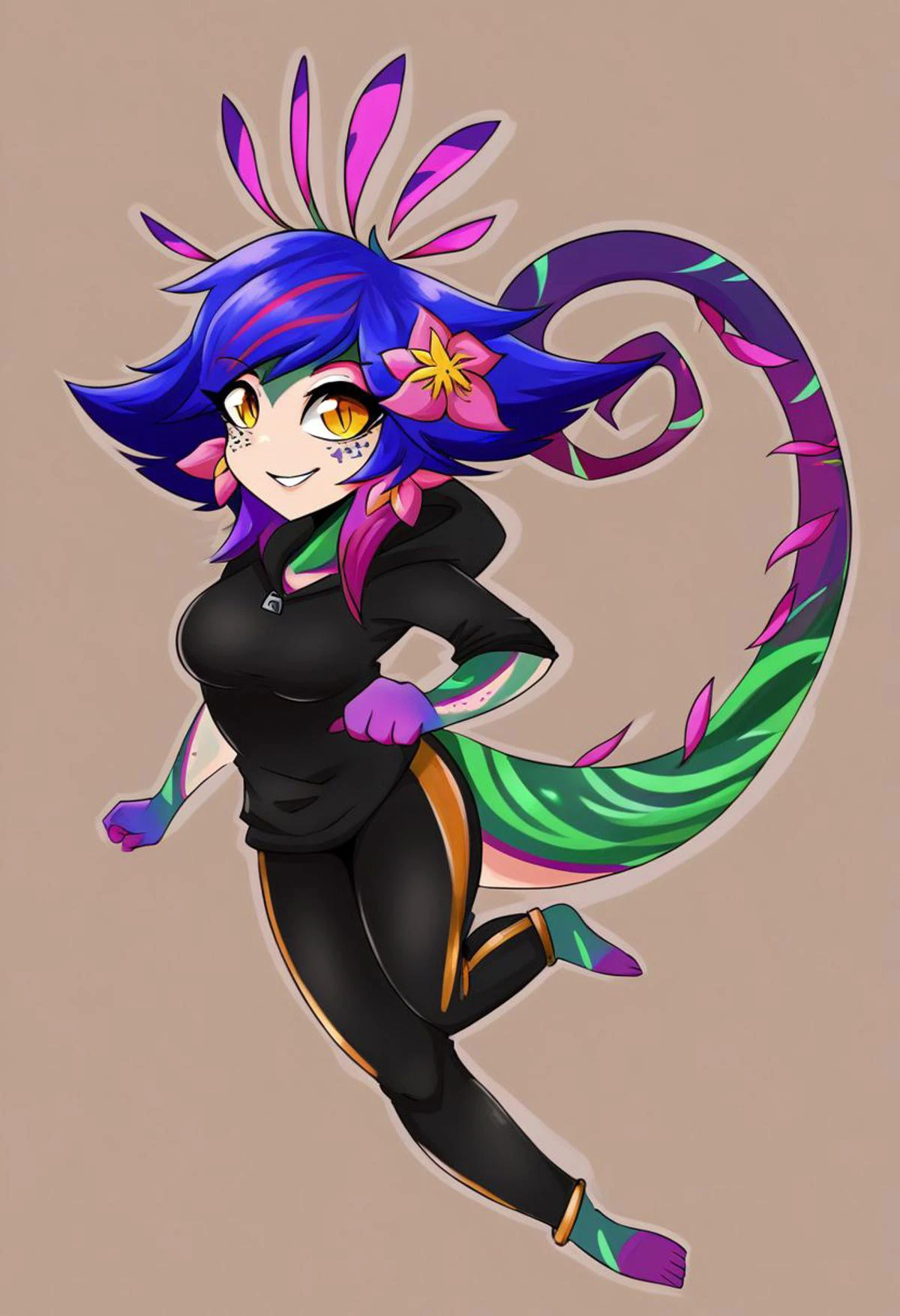 BREAK
n33ko,
colored skin,green skin,hair ornament,hair flower,multicolored hair,lizard tail, medium breasts,
latex hoodie,capri pants,
running, smiling, looking at viewer,
<lora:Neeko_potat-v5:1>,