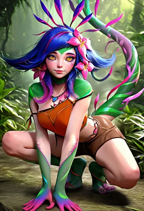 Best quality, masterpiece, ultra high res, (photorealistic:1.4),  (highly detailed, fine details,), beautiful detailed face and eyes and hair,  1girl,  neeko, hair ornament, yellow eyes, flower, hair flower, tail, bare shoulders, green skin, pink flower, medium hair, shiny, medium breast, pink hair, navel, shiny hair, monster girl, brown shorts, crop top (lizard tail), (outdoors, jungle, thighs,cowboy shot sexy pose,  
crouching like a frog,  <lora:add_detail:0.7> <lora:breastinClass:0.35> <lora:hairdetailer:0.7> <lora:neeko-nvwls-v2:1>