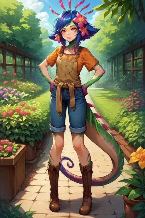 score_9, score_8_up, score_7_up, source anime, 1girl, solo <lora:Neeko-potat-v5:1> n33ko, colored skin, green skin, hair ornament, hair flower, multicolored hair, lizard tail, overalls, denim, knee-high boots, brown boots, garden, hands on hips