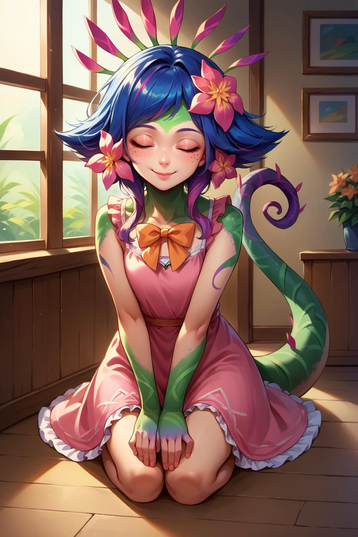 score_9, score_8_up, score_7_up, source anime, <lora:Neeko-potat-v5:1> n33ko, colored skin, green skin, hair ornament, hair flower, multicolored hair, lizard tail, pink dress, frilled dress, bowtie, sitting, hands on knees, smile, eyes closed, indoors, head tilt
