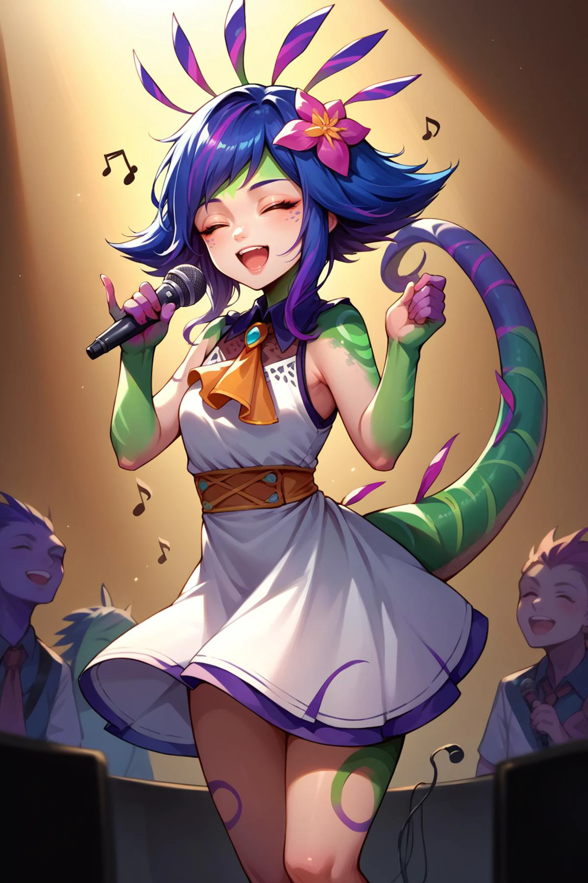 score_9, score_8_up, score_7_up, source anime, <lora:Neeko-potat-v5:1> n33ko, colored skin, green skin, hair ornament, hair flower, multicolored hair, lizard tail, ascot, white dress, microphone, singing, music notes, purple mist