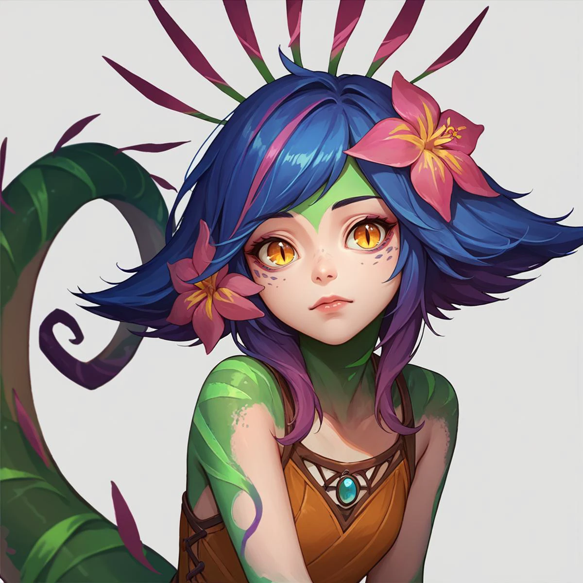 score_9, score_8_up, score_7_up, source_anime <lora:Neeko-potat-v5:1> n33ko, colored skin, green skin, hair ornament, hair flower, multicolored hair, lizard tail,