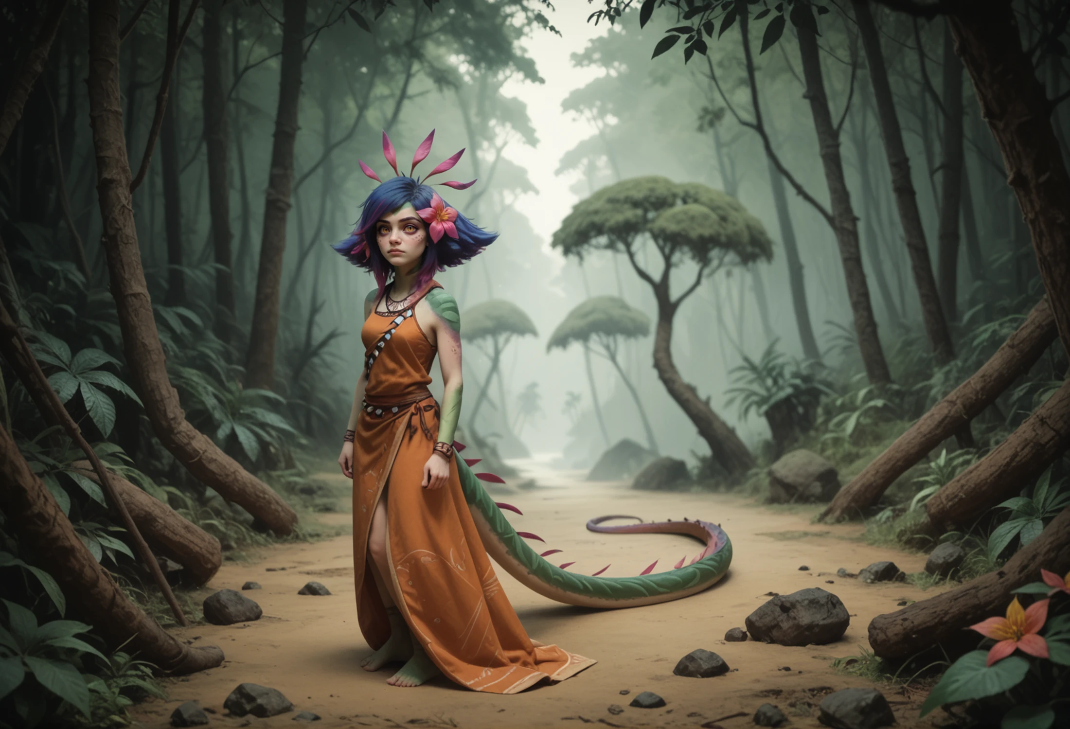 score_9, score_8_up, score_7_up,
<lora:Neeko-potat-v5:1>, n33ko,colored skin,green skin,hair ornament,hair flower,multicolored hair,lizard tail, (jungle:1.2)