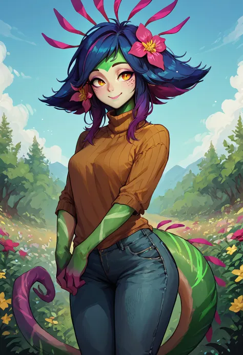 score_9, score_8_up, score_7_up, score_6_up BREAK solo,outdoors,flowers,n33ko,colored skin,green skin,hair ornament,hair flower,multicolored hair,lizard tail,turtleneck swearer,jeans,smile <lora:Neeko-potat-v5:1>