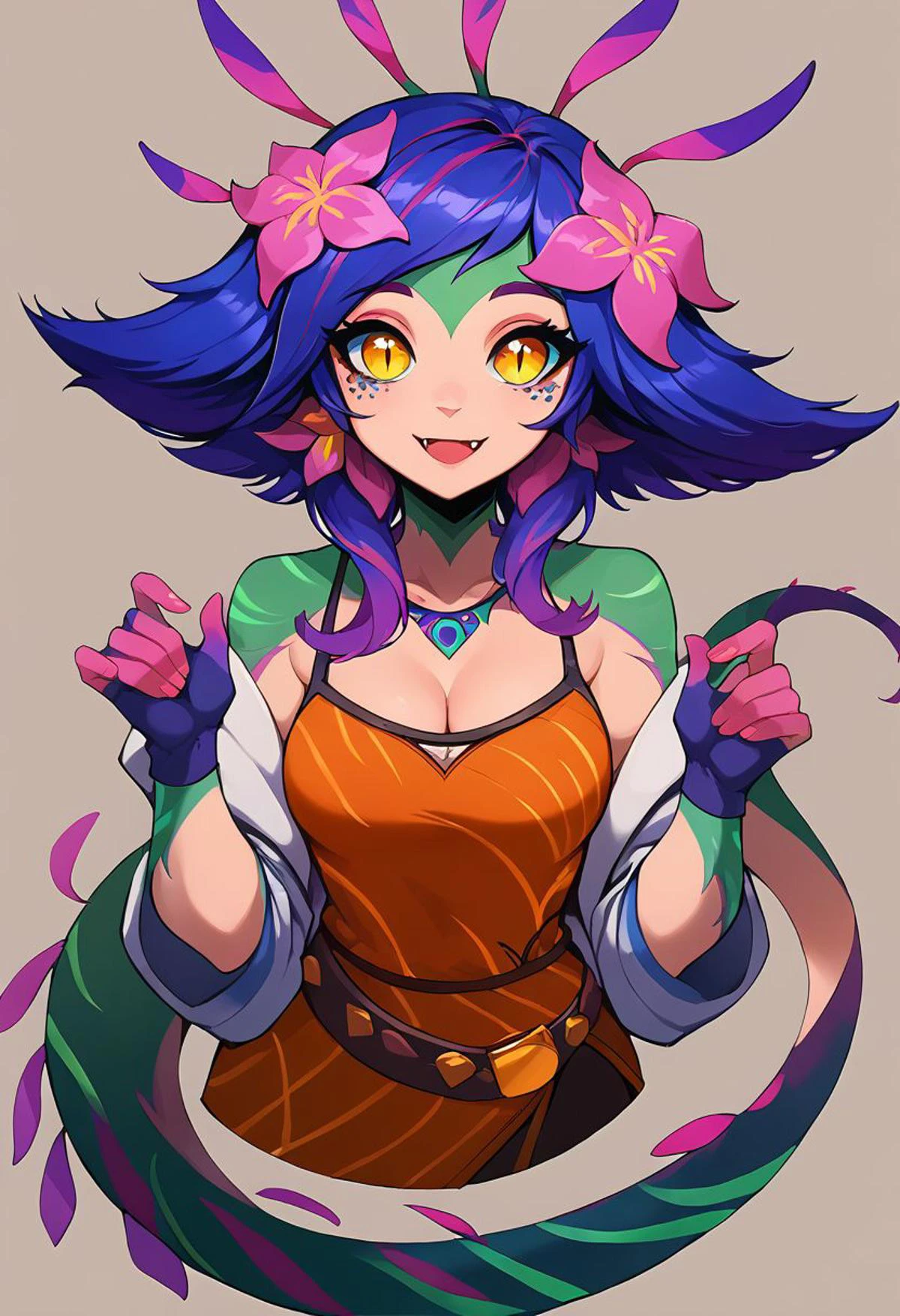 score_9, score_8_up, score_8_up, blackedwear, EPllNeeko, medium hair, multicolored hair, pink hair, purple hair, blue hair, yellow eyes, tail, hair flower, bangs, fang,, animal print, bare shoulders, medium breasts, cleavage, crop top, wearing arctic jacket,parka, belt,wearing cold weather clothes, wearing fur boots, icy breath, colored skin, fingernails, cold tundra trees background,wearing gloves, detailed eyes,
n33ko,
colored skin,green skin,hair ornament,hair flower,multicolored hair,lizard tail, medium breasts,
, smiling, looking at viewer,
<lora:Neeko_potat-v5:1>,