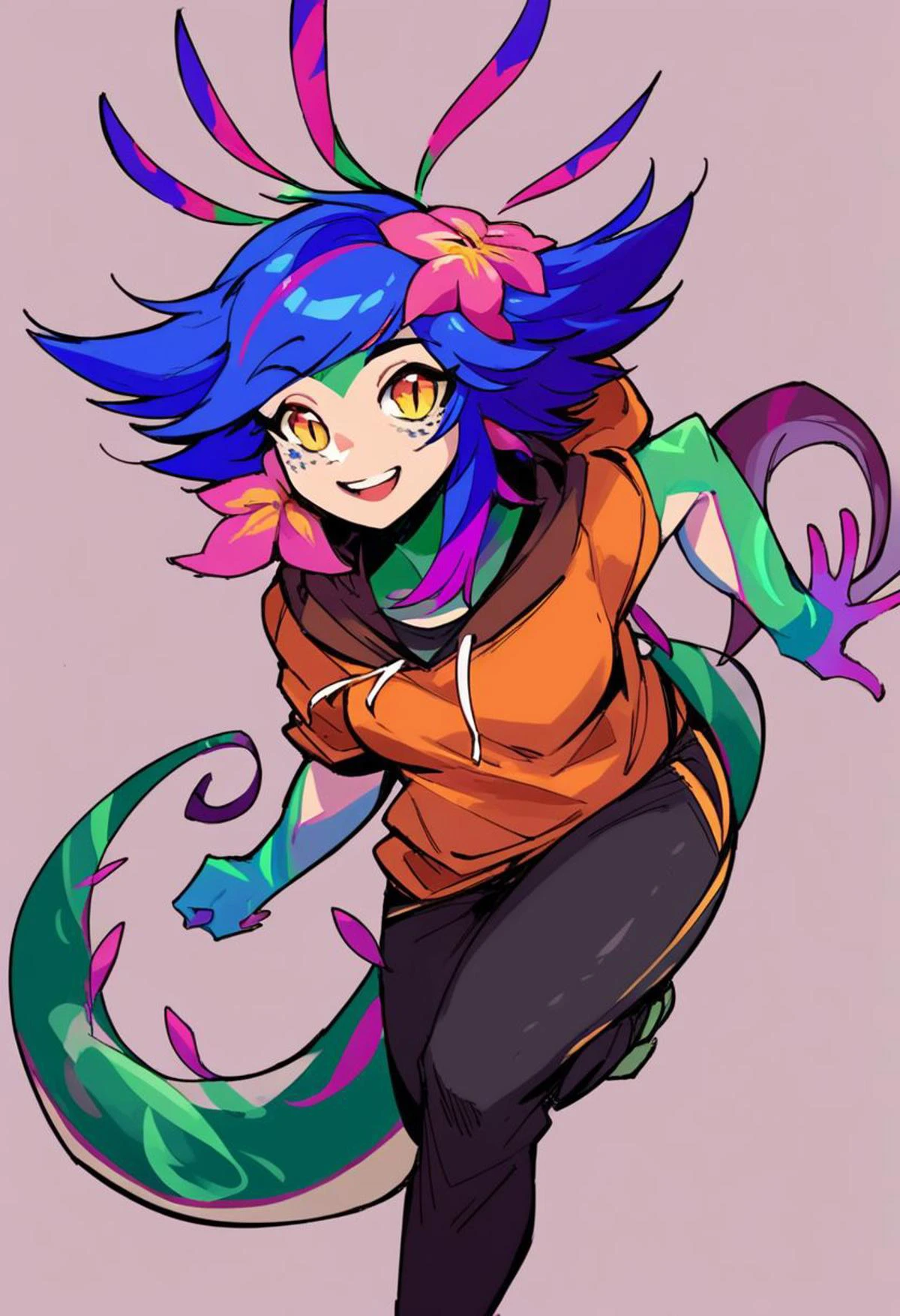 score_9, score_8_up,score_7_up,score_6_up, source_anime,
BREAK
n33ko,
colored skin,green skin,hair ornament,hair flower,multicolored hair,lizard tail, medium breasts,
hoodie,capri pants,
running, smiling, looking at viewer,
<lora:Neeko_potat-v5:1>,
