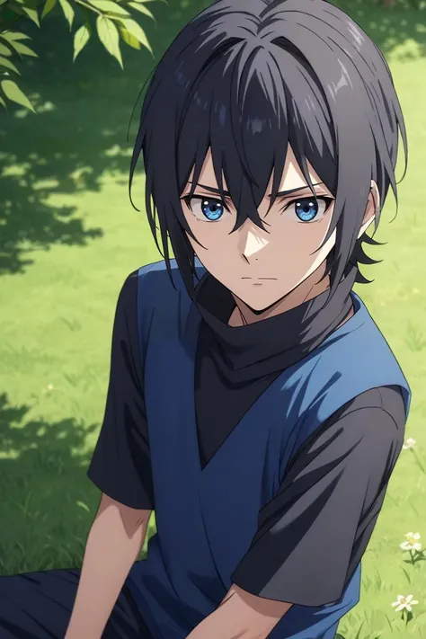 score_9, score_8_up, score_7_up, source_anime, rating_safe, , semi-realistic, looking at viewer, depth of field, 1boy, solo, male focus, <lora:ren_amaki_pony:0.86>, ren_amaki, black hair, blue eyes, hair between eyes, from above, grass, tree, day, sitting, nervous, , turban, <lora:sdxl_lightning_8step_lora:1>