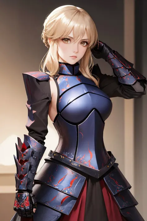 (masterpiece, best quality:1.2), solo, 1girl, sabaltarmor, serious, looking at viewer, armored dress, gauntlets <lyco:fate_saberalter_v2-08:1.0>