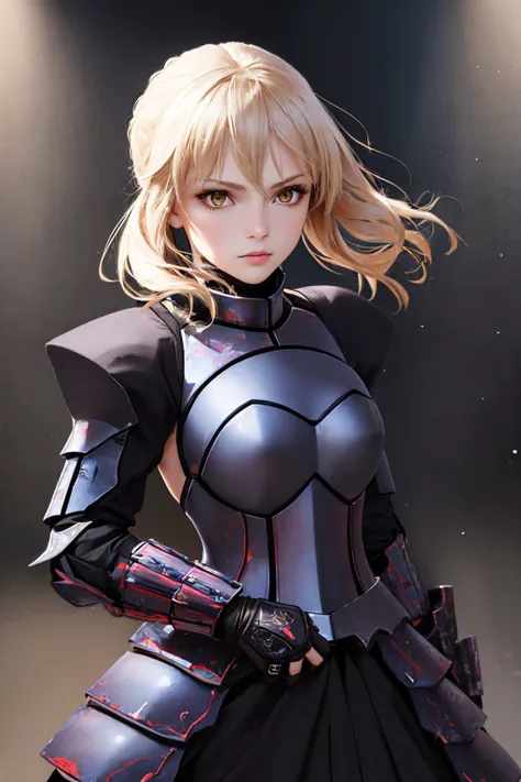 (masterpiece, best quality:1.2), solo, 1girl, sabaltarmor, serious, looking at viewer, armored dress, black armor, gauntlets <lyco:fate_saberalter_v2-08:1.0>